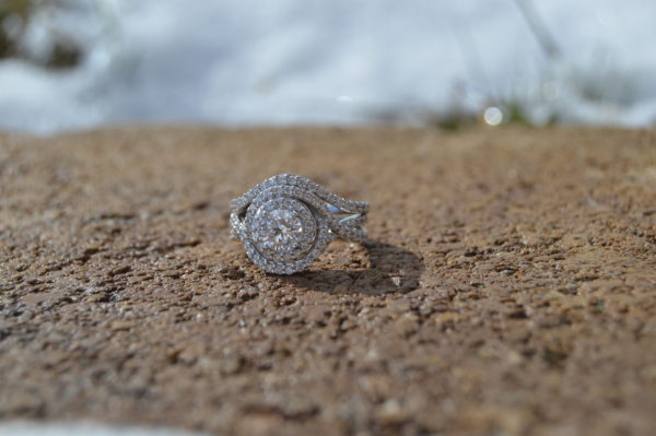 Bridal Set - Custom designed round diamond engagement ring with twist halo and matching nesting band in white gold