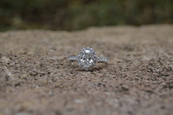 Custom designed oval diamond halo engagement ring in white gold and round diamond shared prong shank