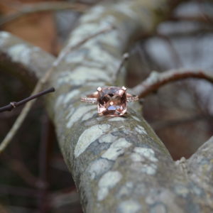 Custom Designed Cushion Shaped Morganite Ring with Diamond Shank in Rose Gold