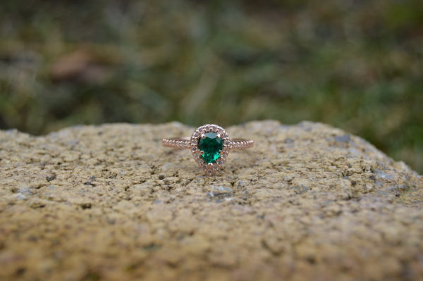 Pear Shaped Emerald and Diamond Halo Ring in Rose Gold