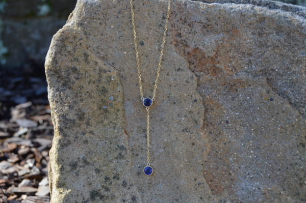 Custom Designed Sapphire "Y" Necklace in Yellow Gold with Two Round Sapphires that are Bezel Set
