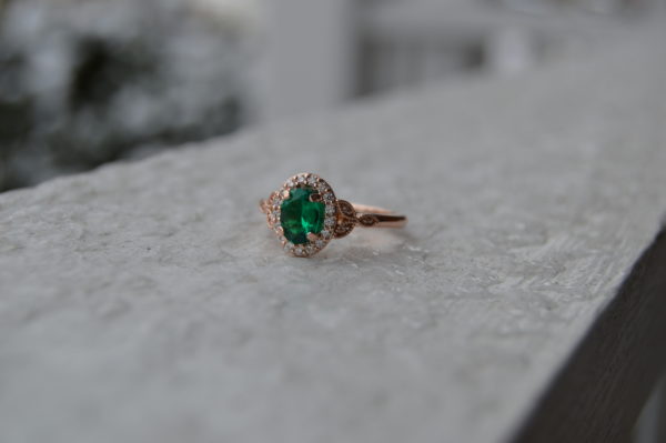 Custom Designed Oval Emerald with Diamond Halo Ring in Rose Gold