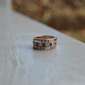 Custom Designed Class Ring - Three Stackable Bands Featuring Sapphires and Diamonds in White Gold and Customized Rose Gold Bands