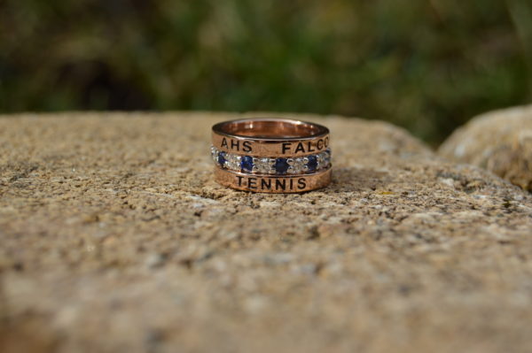 Custom Designed Class Ring - Three Stackable Bands Featuring Sapphires and Diamonds in White Gold and Customized Rose Gold Bands