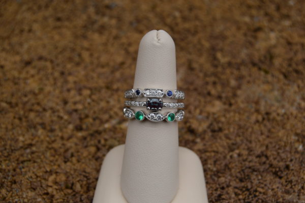 Stackable Family Bands in White Gold - Sapphire, Alexandrite, Emerald and Diamonds