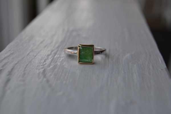 Custom Designed Square Emerald Ring with Yellow Gold Bezel and White Gold Shank