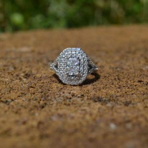 Custom Designed Engagement Ring with Radiant Cut Center with Double Halo and Split Shank