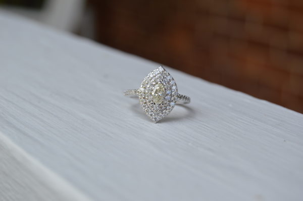 Custom Designed Marquise Double Halo Engagement Ring with Diamond Shank in White Gold