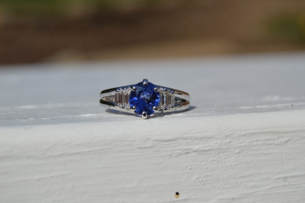 Custom Designed Ring with Round Sapphire and Baguette Diamonds
