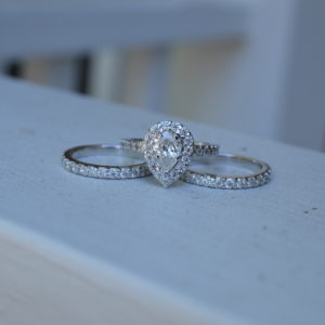 Custom Designed Pear Diamond Halo Engagement Ring with Matching Diamond Bands