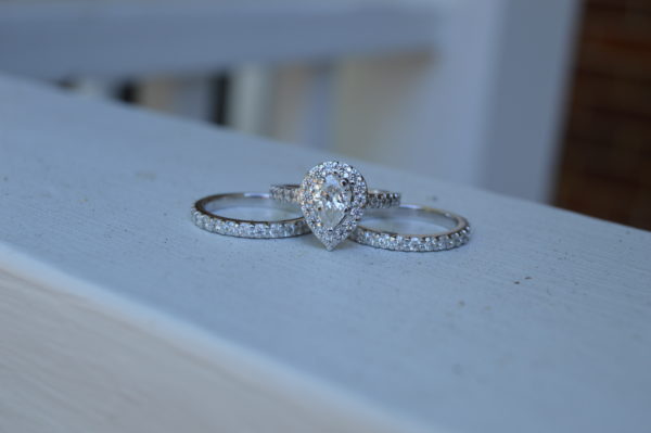 Custom Designed Pear Diamond Halo Engagement Ring with Matching Diamond Bands