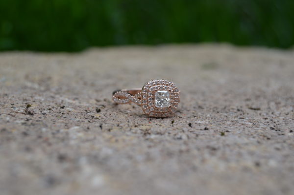 Custom Designed Rose Gold Princess Cut Diamond with Double Halo Engagement Ring and Braided Shank