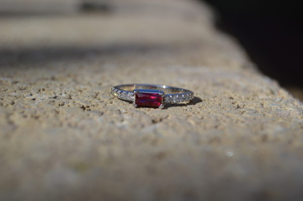Custom Designed Baguette Ruby and Round Diamond Band in White Gold