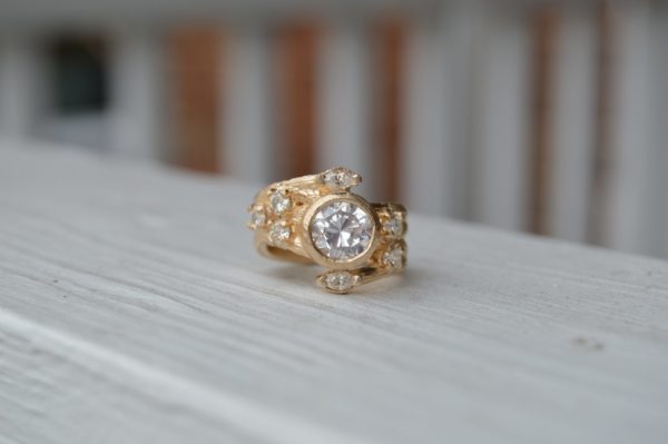 Custom Designed Organic Diamond Ring with Round and Marquise Diamonds with a Bark Texture