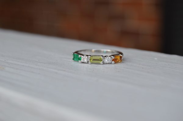 Custom Designed Baguette Colored Gemstone and Round Diamond Family Ring in White Gold (Emerald, Peridot, Citrine)