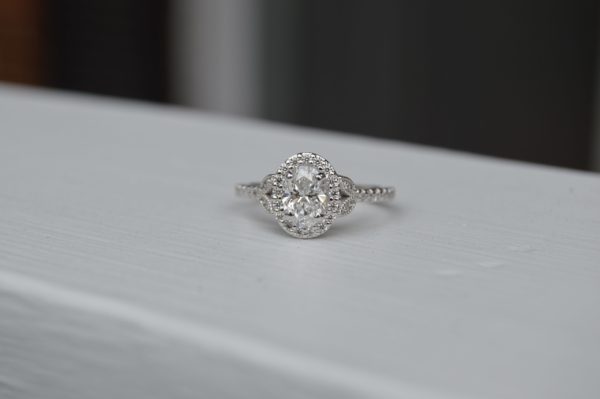 Custom Designed Engagement Ring - Oval Diamond Halo with Leaf Design and Diamond Band