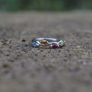 Custom Designed Family Ring in White Gold with Marquise Aquamarine, Citrine, Ruby and Peridot