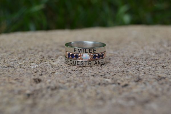 Custom Designed Class Ring - Set of Three Stackable Bands wtih Cnter Bnad having Oval Opal and Round Sapphires