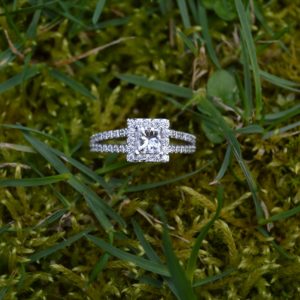 Custom Designed Engagement Ring with Princess Cut Diamond with Halo and Diamond Split Shank