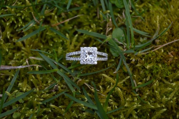 Custom Designed Engagement Ring with Princess Cut Diamond with Halo and Diamond Split Shank