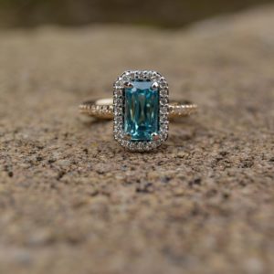 Custom Designed Ring with Blue Topaz and Diamond Halo