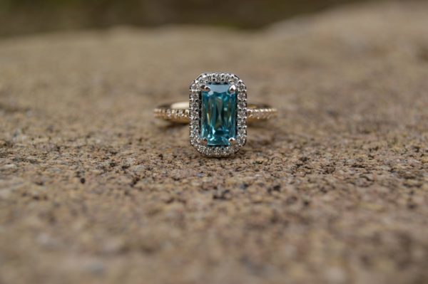 Custom Designed Ring with Blue Topaz and Diamond Halo