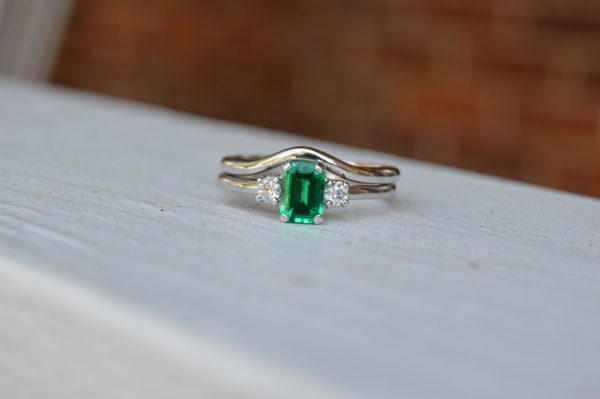 Custom Designed Wedding Set-Emerald Cut Emerald and Round Diamonds with Contoured Band