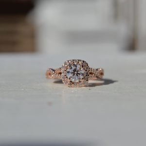 Custom Designed Diamond Engagement Ring-Round Diamond with Cushion Halo and Infinity Design in Rose Gold