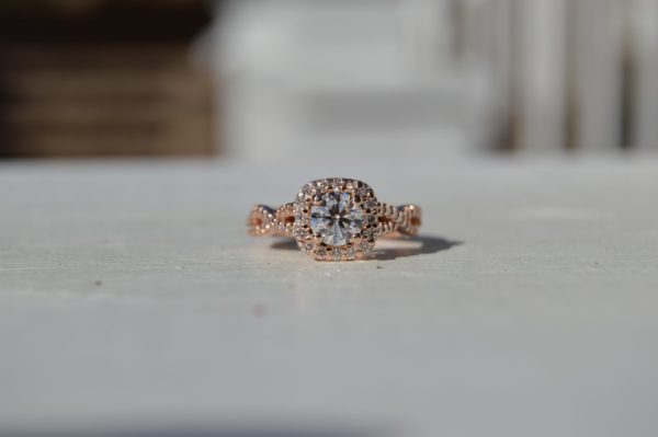 Custom Designed Diamond Engagement Ring-Round Diamond with Cushion Halo and Infinity Design in Rose Gold