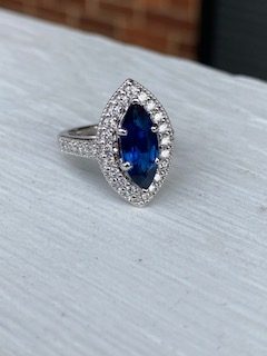 Custom Designed Marquise Sapphire and Diamond Halo Ring with Diamond Shank