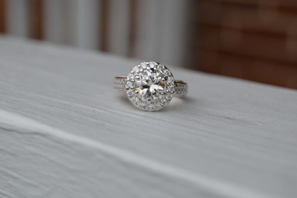 Custom Designed Diamond halo Engagement Ring with Round Center and Diamond Shank