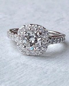 Custom Designed Halo Engagement Ring with Cushion Center Diamond