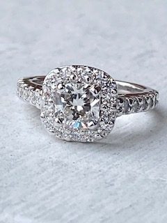 Custom Designed Halo Engagement Ring with Cushion Center Diamond