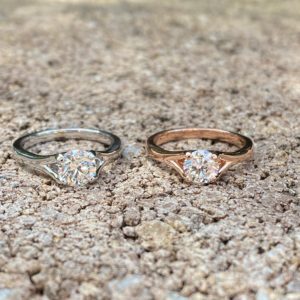 Custom Designed Round Diamond Solitaire Engagement Rings in White Gold and Rose Gold