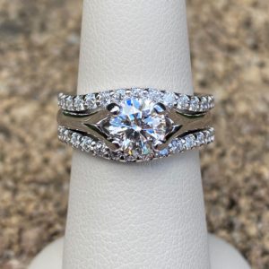 Custom Designed Round Diamond Solitaire Engagement Ring with Matching Curved Diamond Bands
