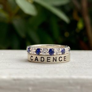 Custom Designed Class Ring - Stackable Bands with Text and Sapphires/Diamonds