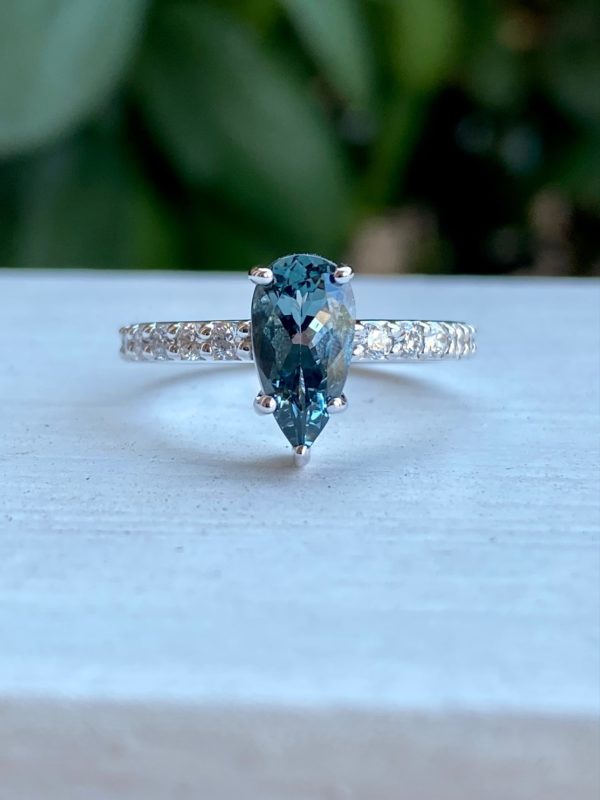 Custom Designed Pear Shaped Gray Spinel Ring with Diamond Shank