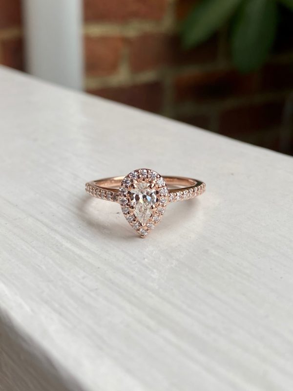 Custom Designed Rose Gold Pear Diamond Halo Engagement Ring with Diamond Shank