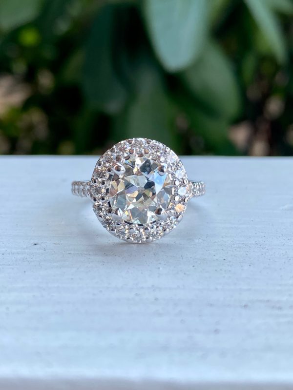 Custom Designed Diamond Halo Engagement Ring with Old European Round Center Diamond and Diamond Shank