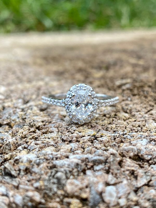 Custom Designed Oval Diamond Halo Engagement Ring with Diamond Shank