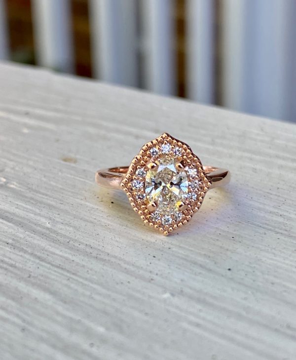 Custom Designed Rose Gold Oval Diamond Halo Engagement Ring