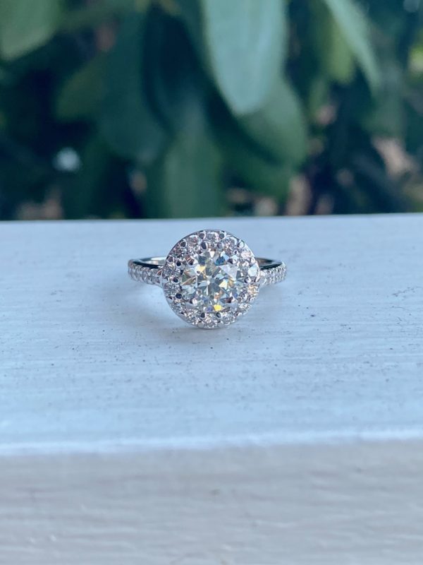 Custom Designed Round Diamond Halo Engagement Ring with Diamond Shared Prong Shank