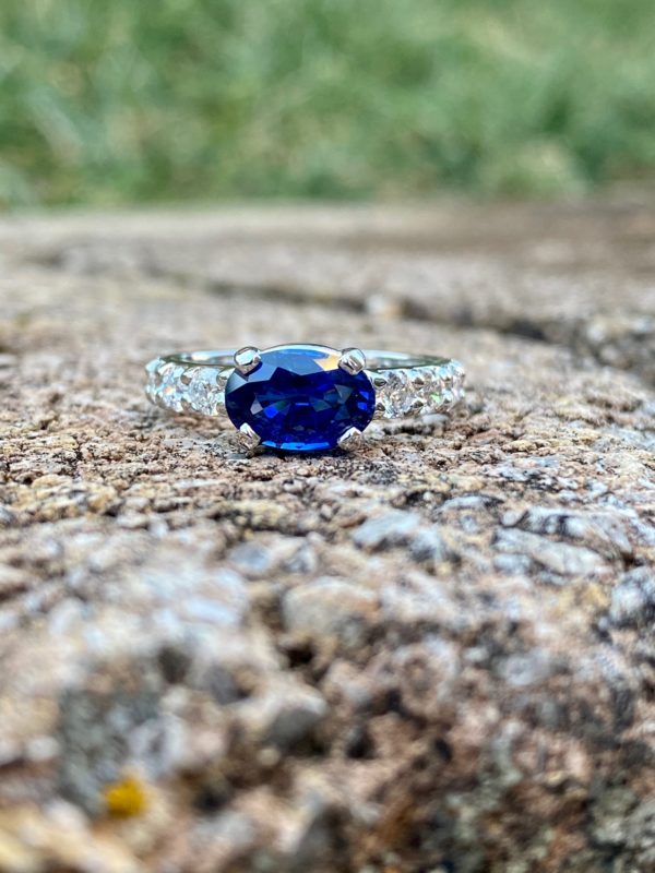 Custom Designed East-West Oval Sapphire and Diamond Ring