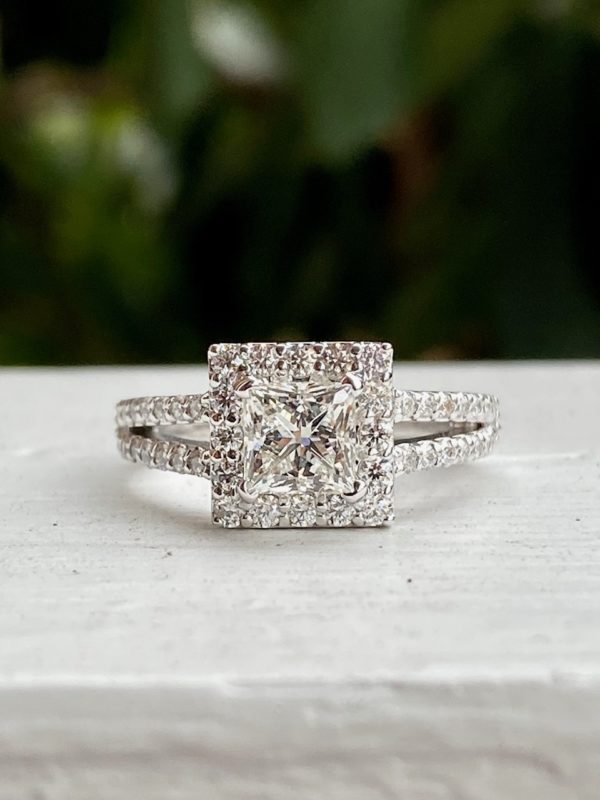Custom Designed Princess Diamond Halo Engagement Ring with Diamond Split Shank