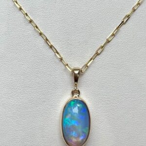 Bezel Set Oval Opal Pendant on Yellow Gold Paperclip Chain