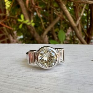 Custom Designed Three Diamond Ring - Round Center and Baguette Sides
