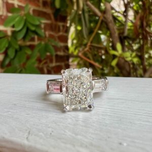 Custom Designed Radiant Cut Diamond Ring with Baguette Diamond Sides